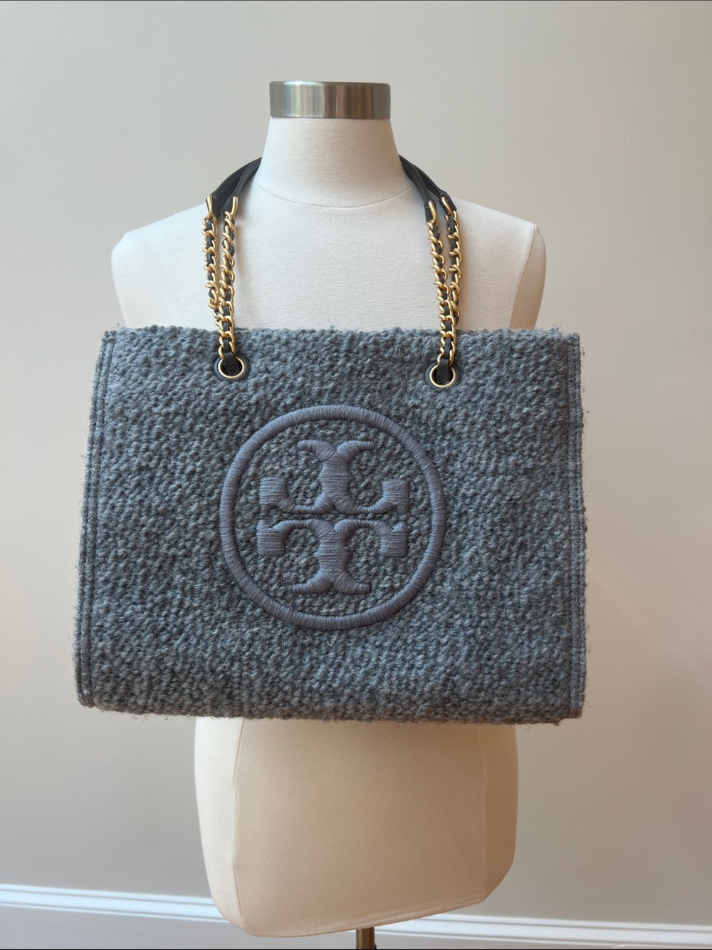 Tory Burch Gray Textured Logo Tote with Gold Chain Straps